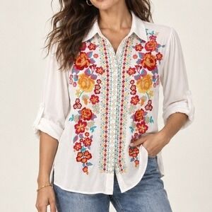 Andree by Unit Embroidered Floral Rayon Blouse White Boho Folk Art Tunic M